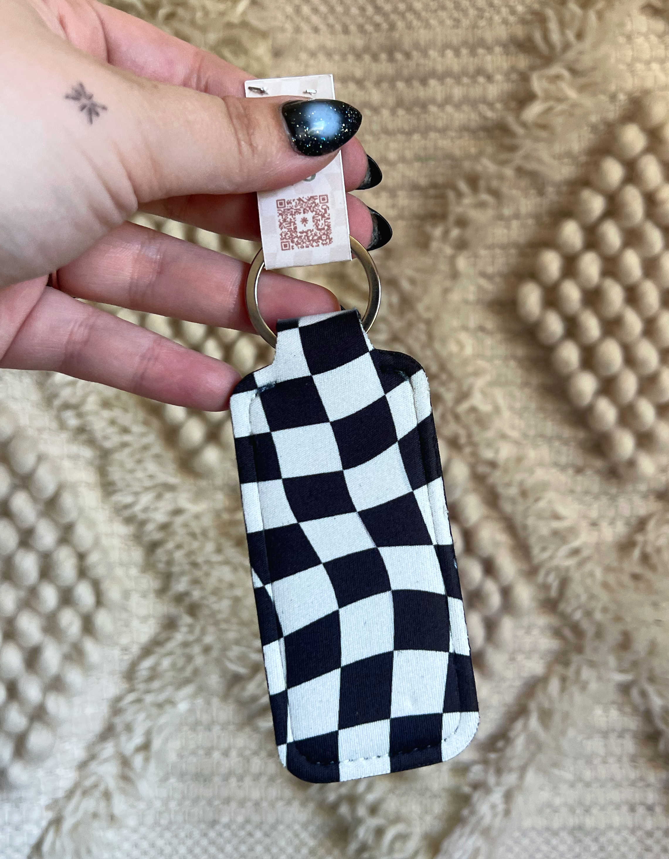 Black and White Checkered Chapstick Holder Keychain