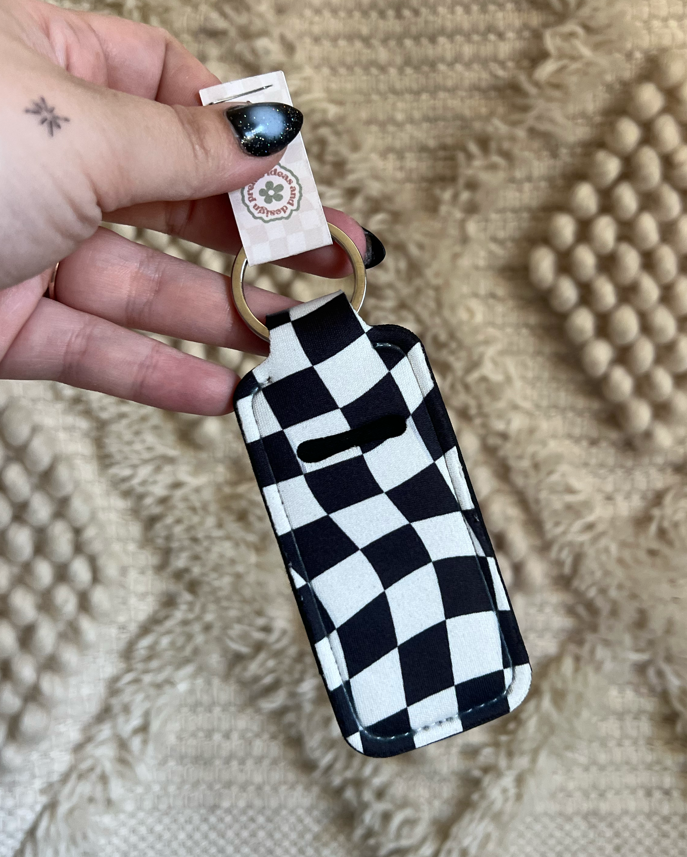 Black and White Checkered Chapstick Holder Keychain