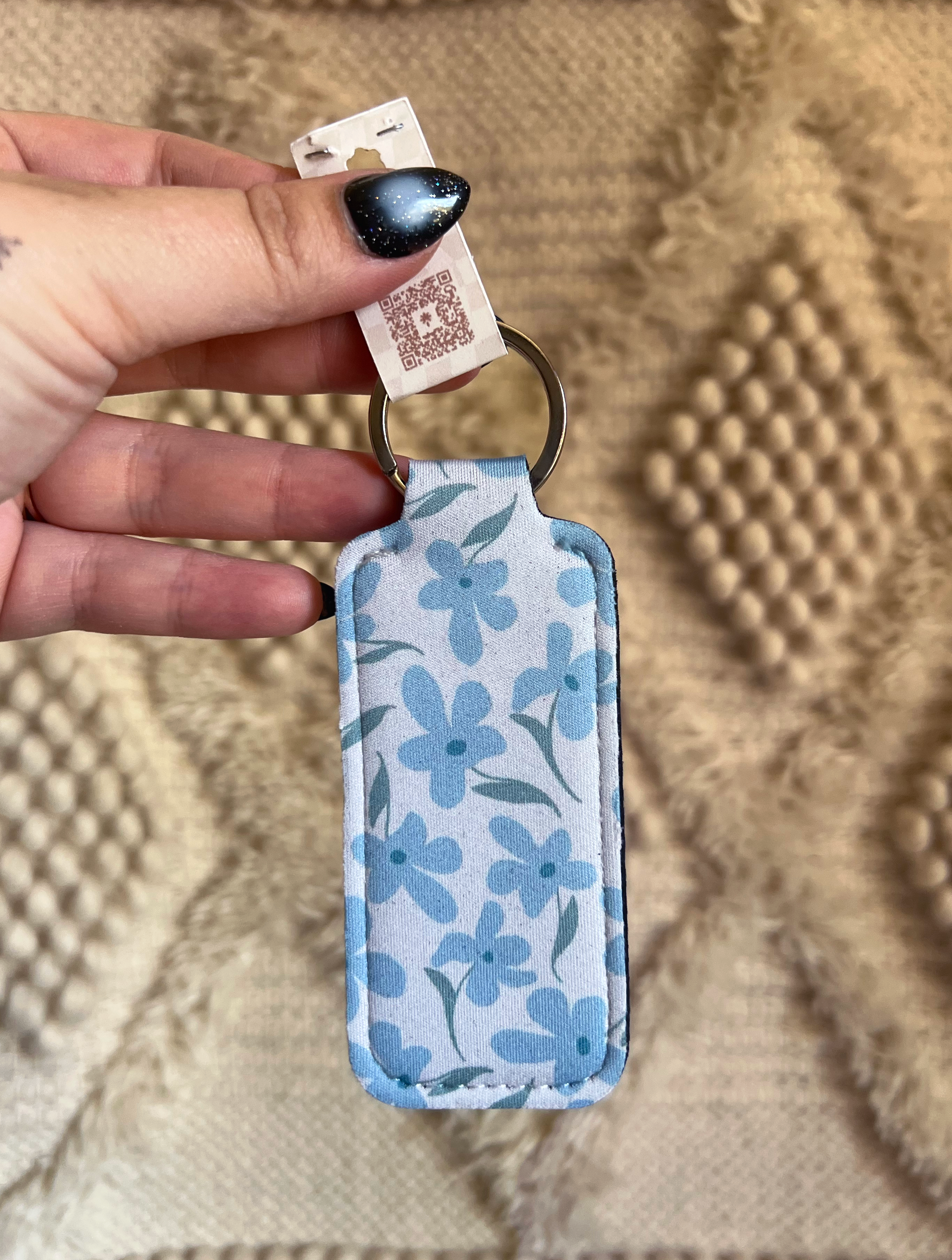 Blue Floral Chapstick Holder Keychain