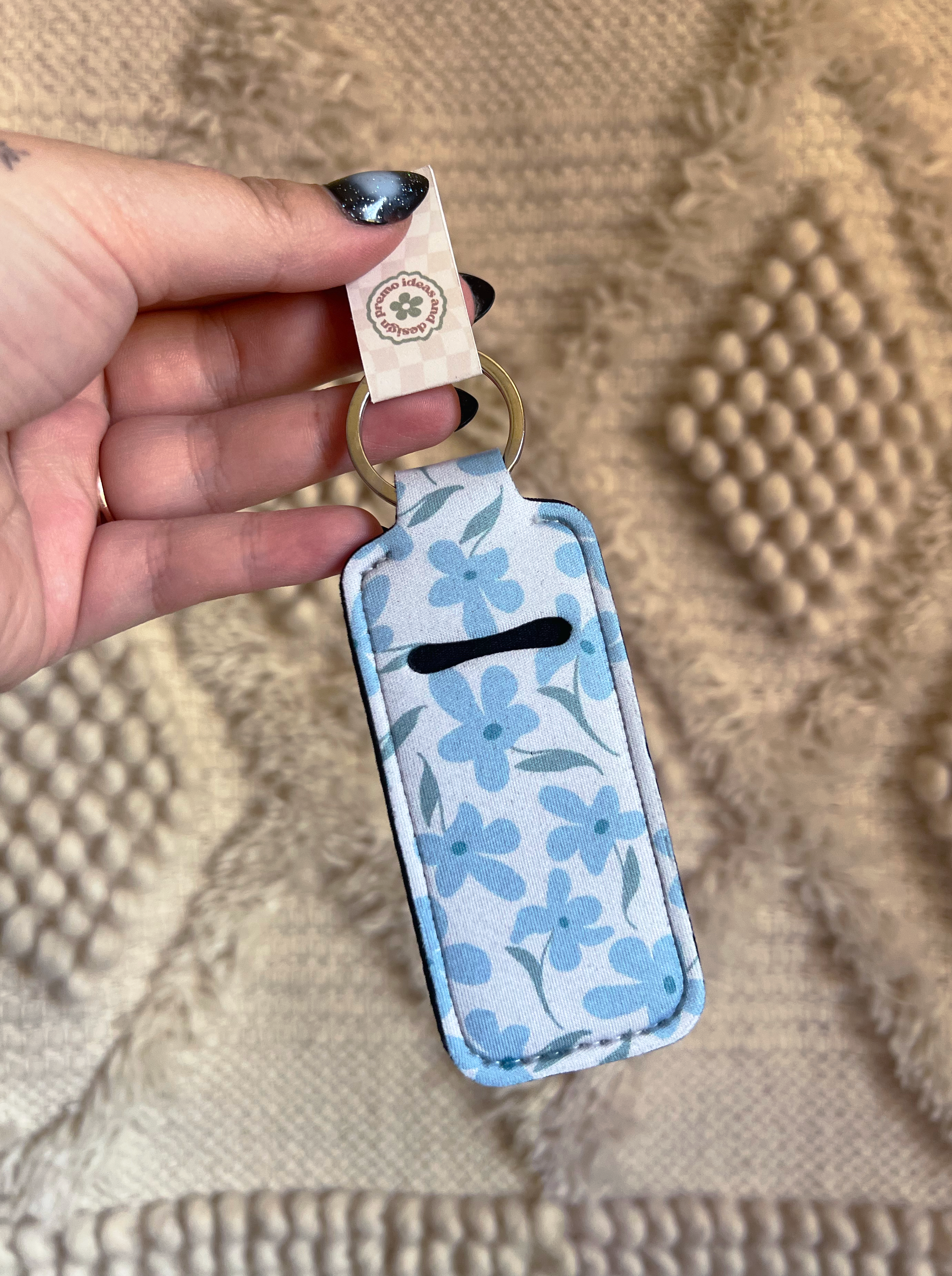 Blue Floral Chapstick Holder Keychain