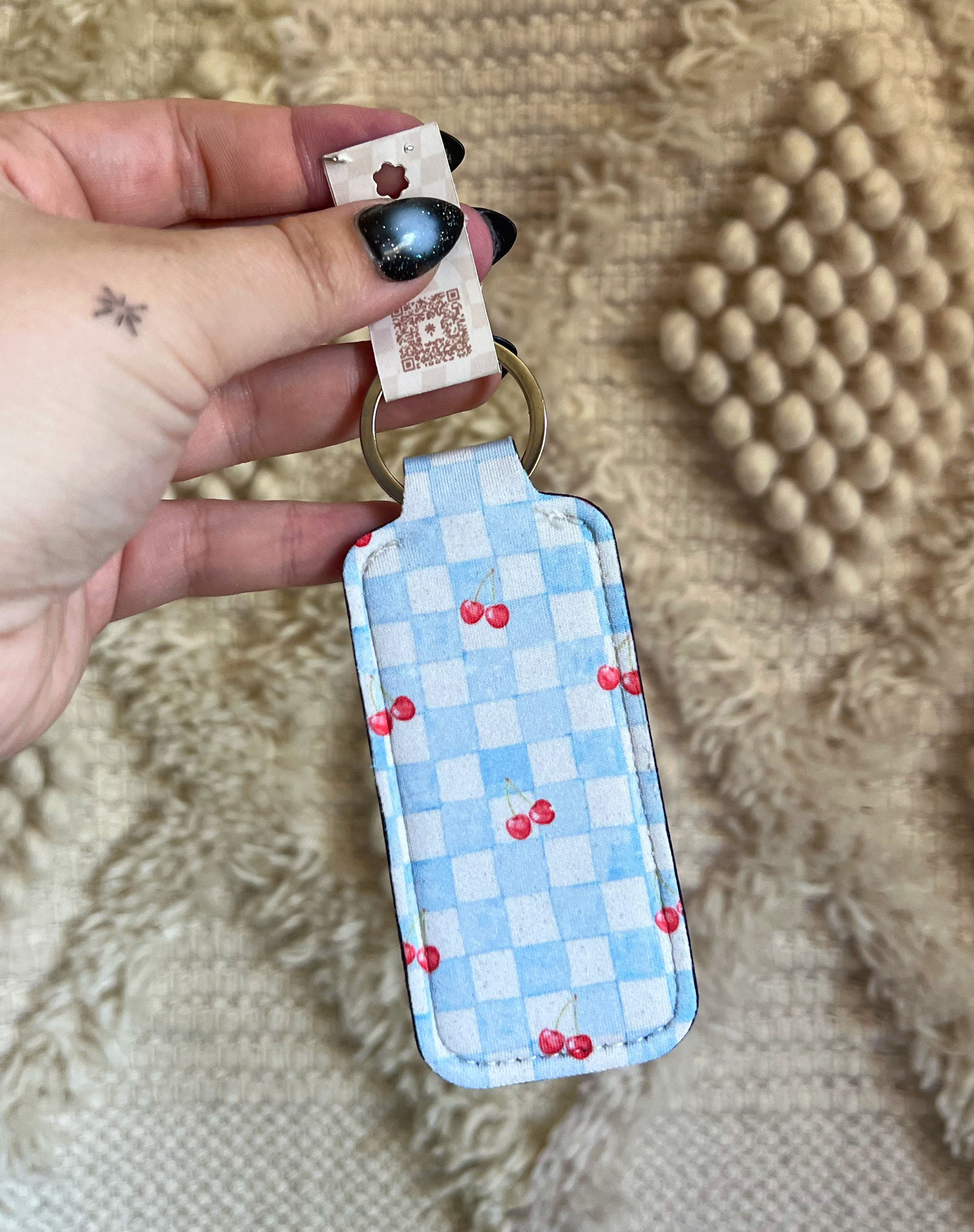 Cherry Checkered Chapstick Holder Keychain