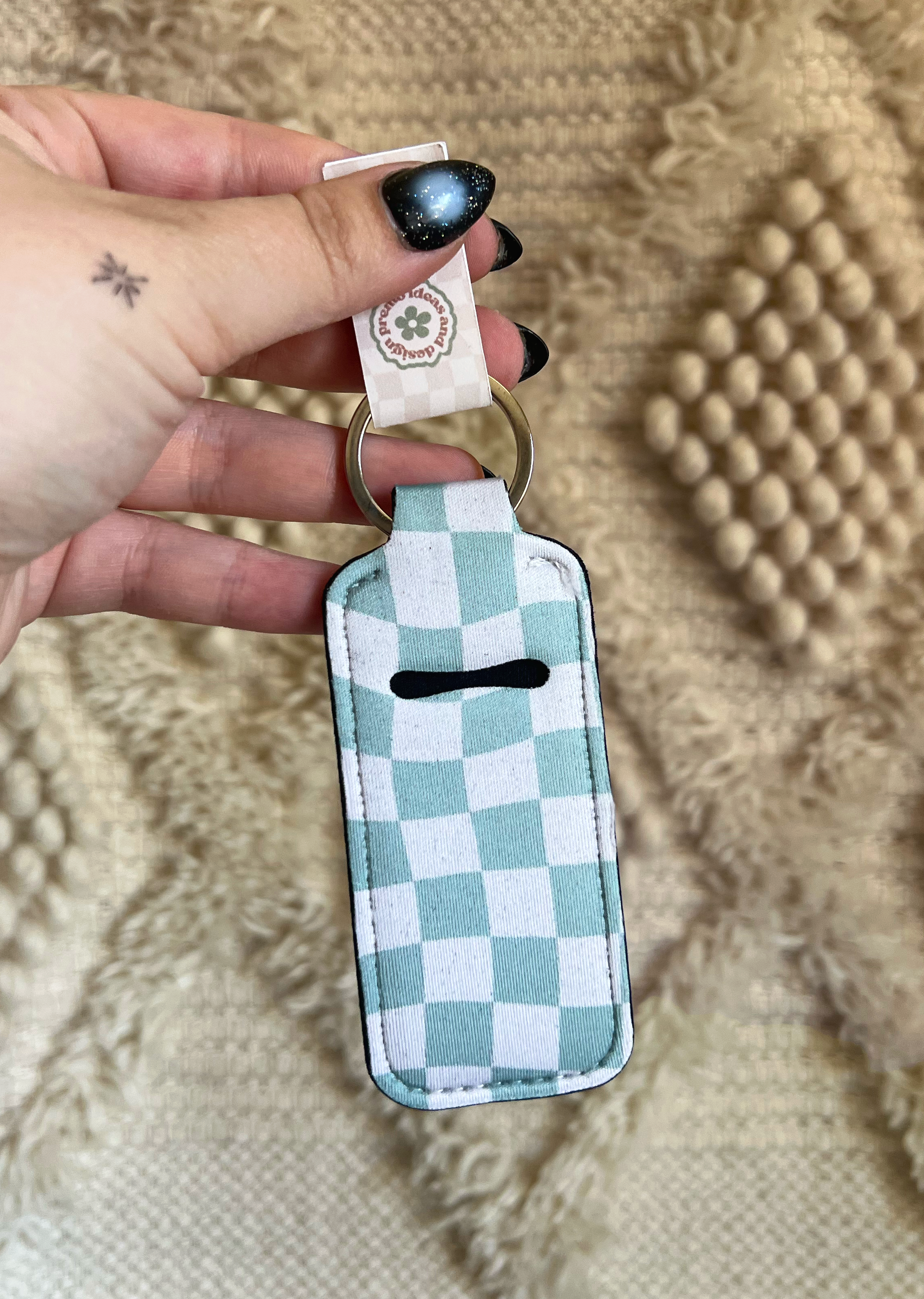 Sage Checkered Chapstick Holder Keychain