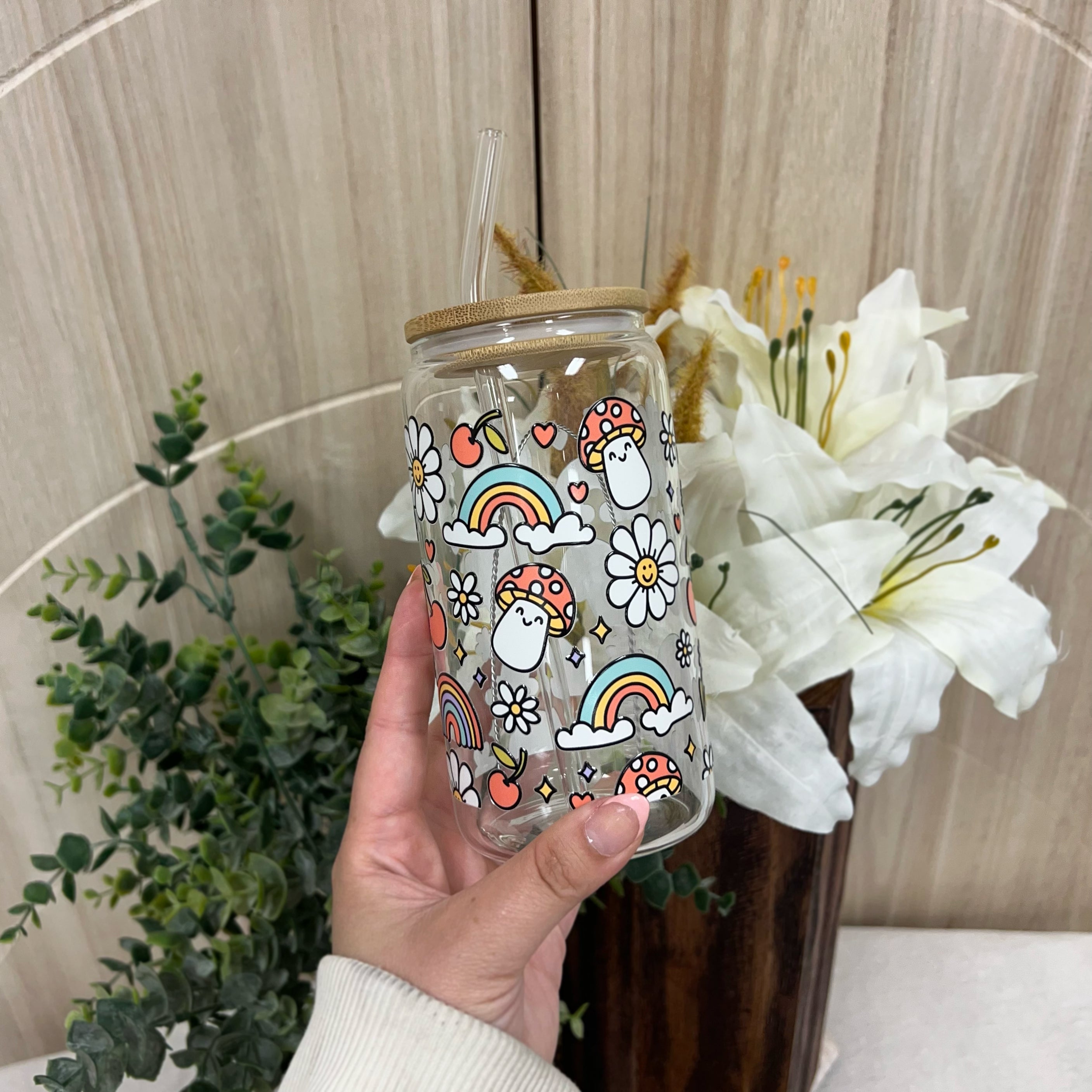 Happy Shrooms Glass Cup