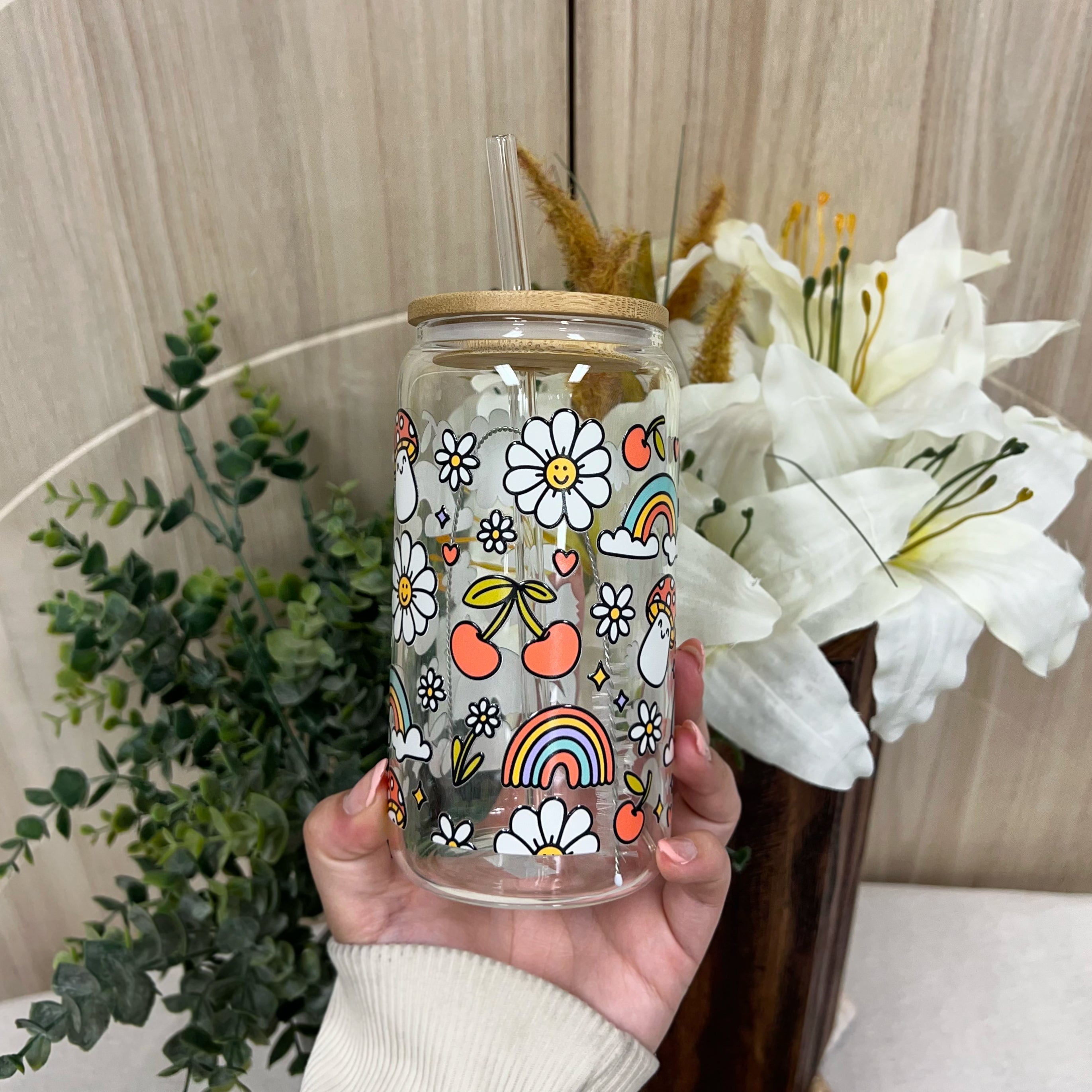 Happy Shrooms Glass Cup