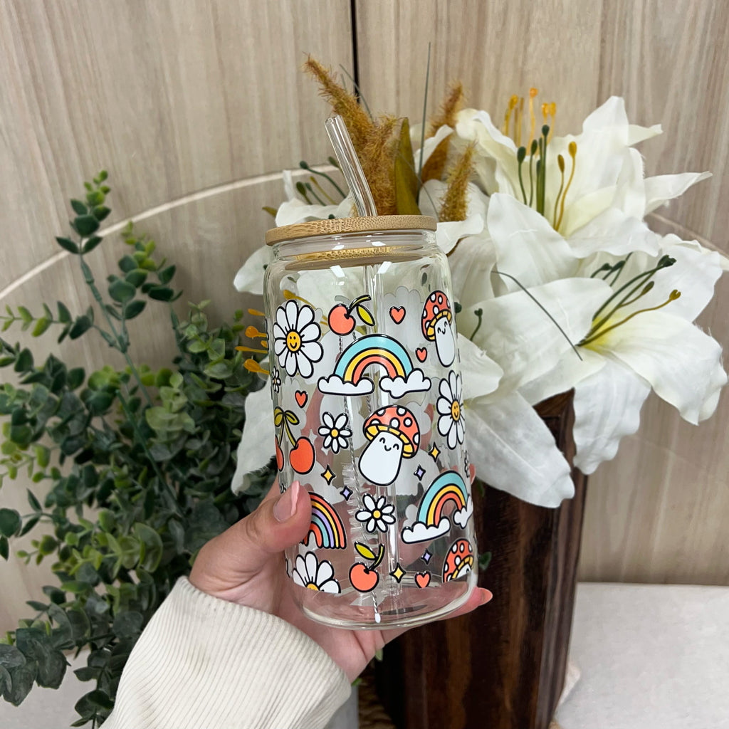 Happy Shrooms Glass Cup
