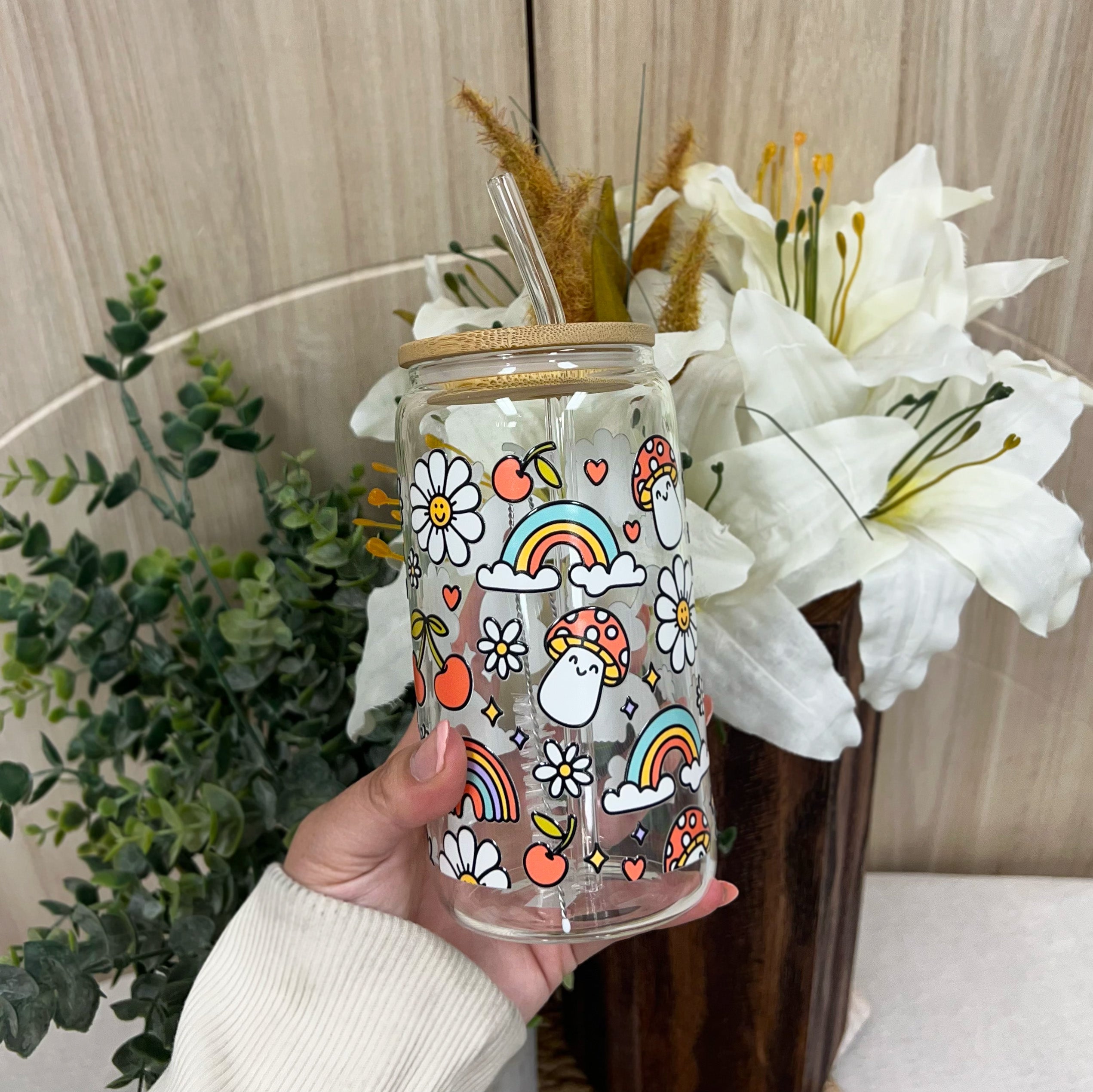 Happy Shrooms Glass Cup