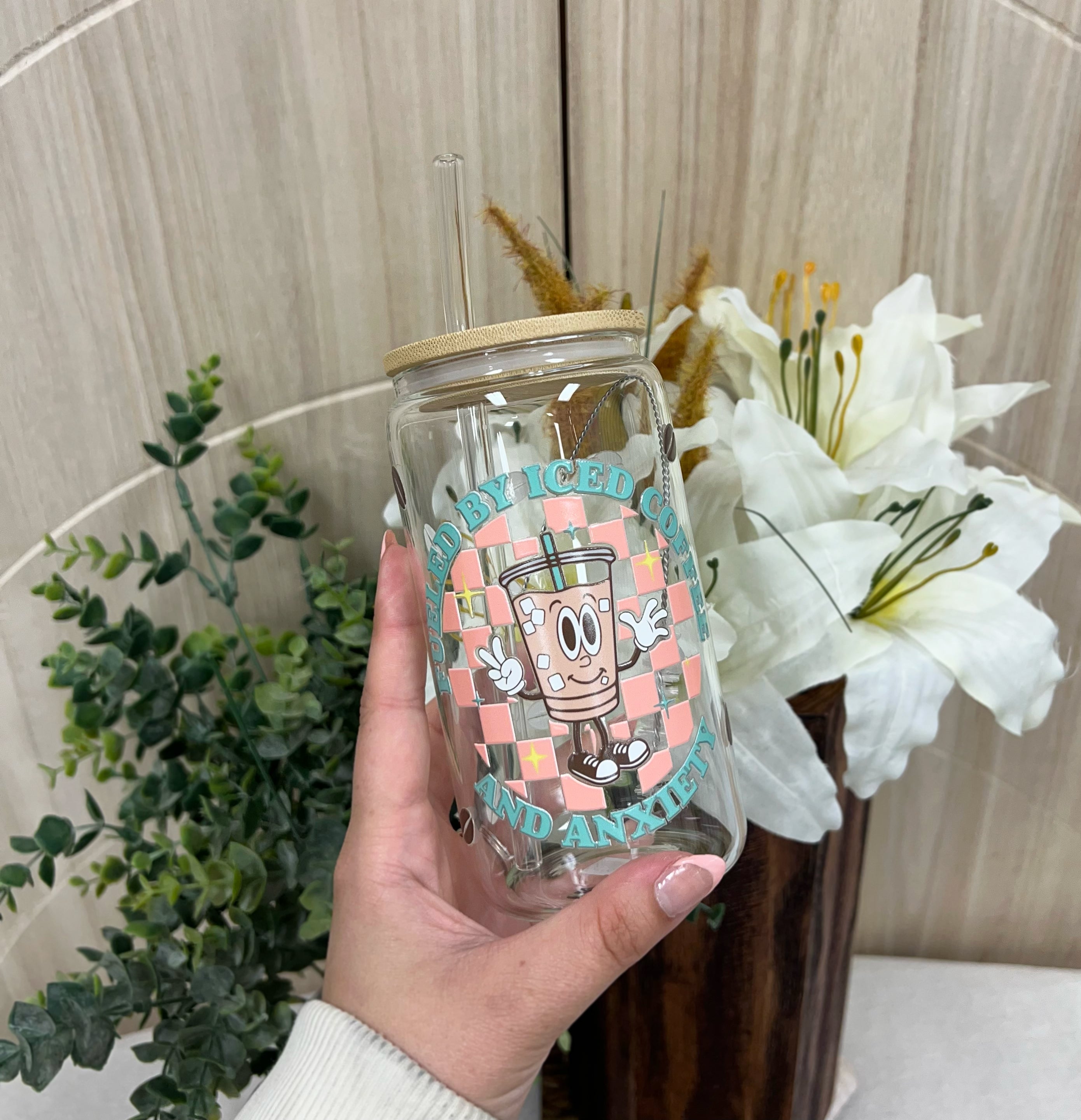 Fueled By Iced Coffee and Anxiety Glass Cup