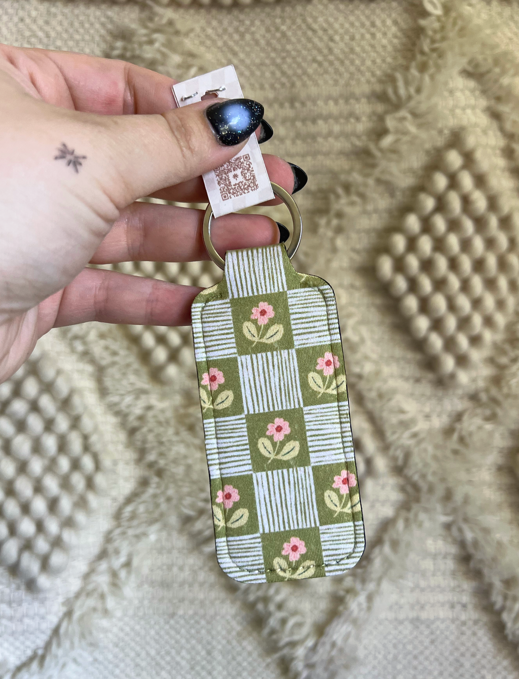 Pink and Green Floral Chapstick Holder Keychain