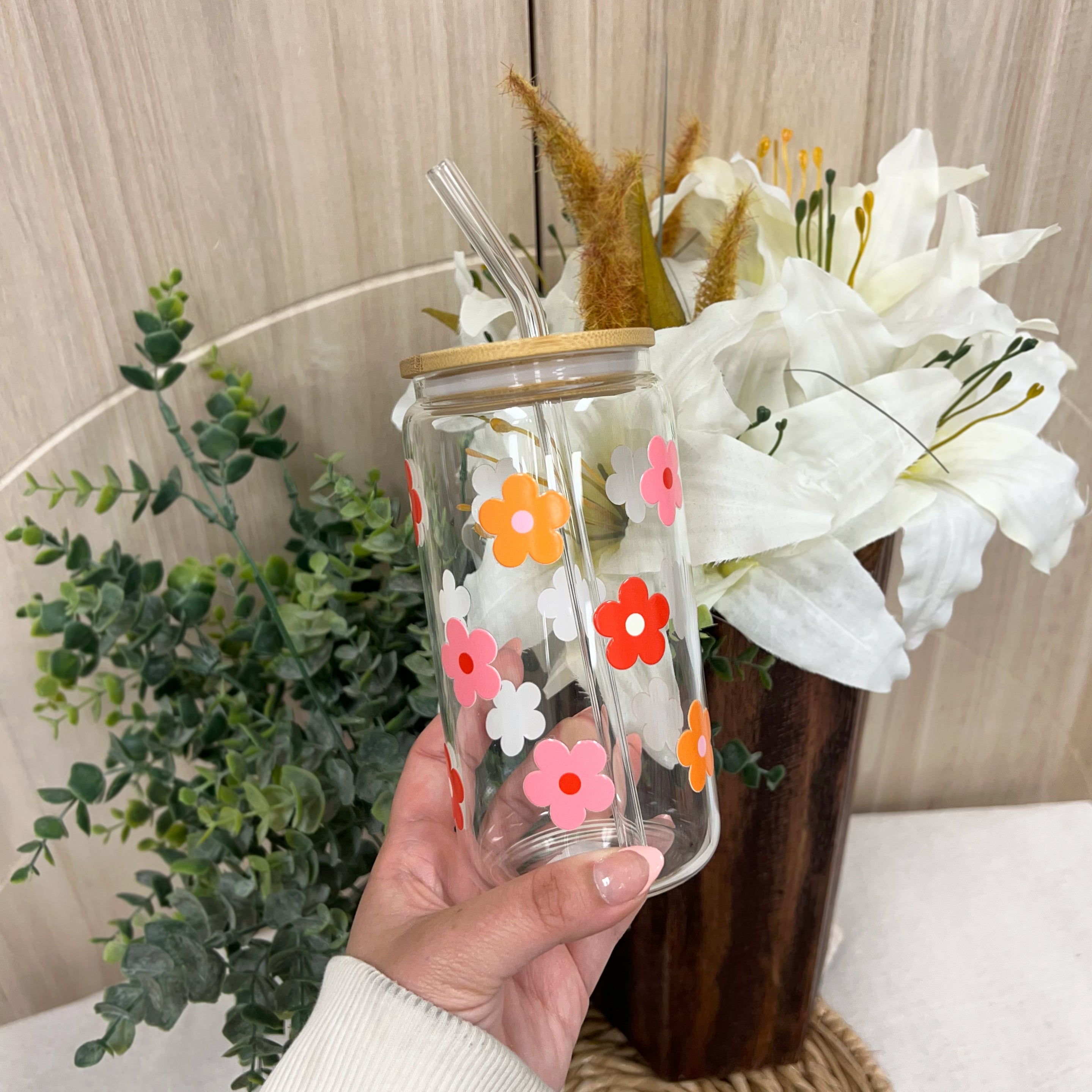 Retro Flowers Glass Cup
