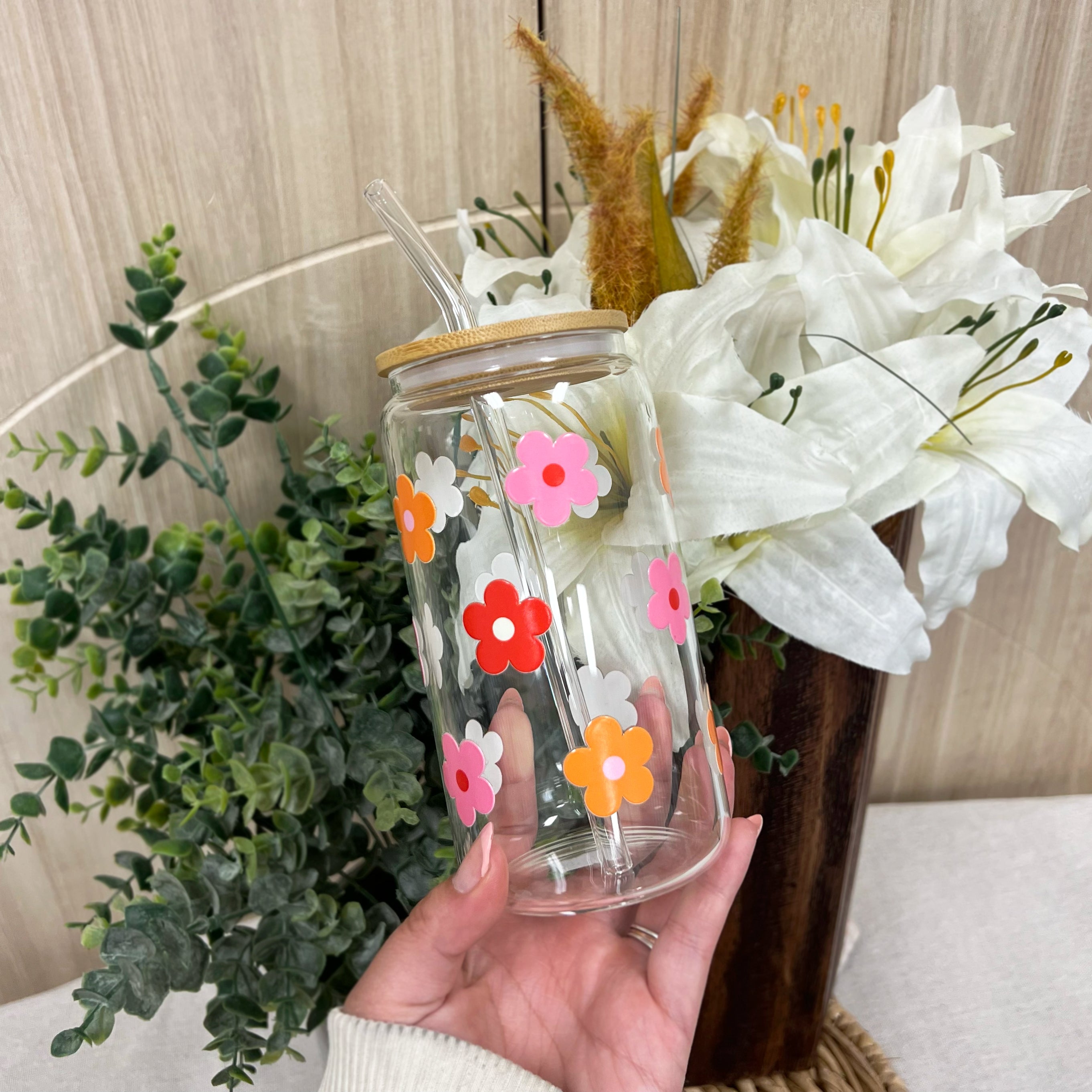 Retro Flowers Glass Cup