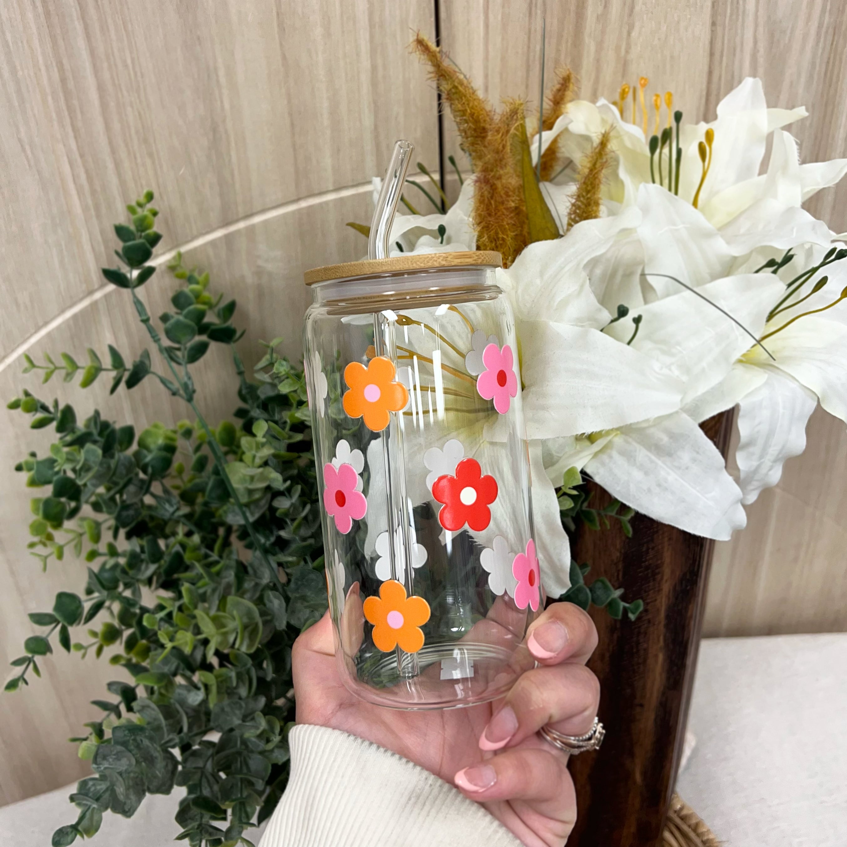 Retro Flowers Glass Cup