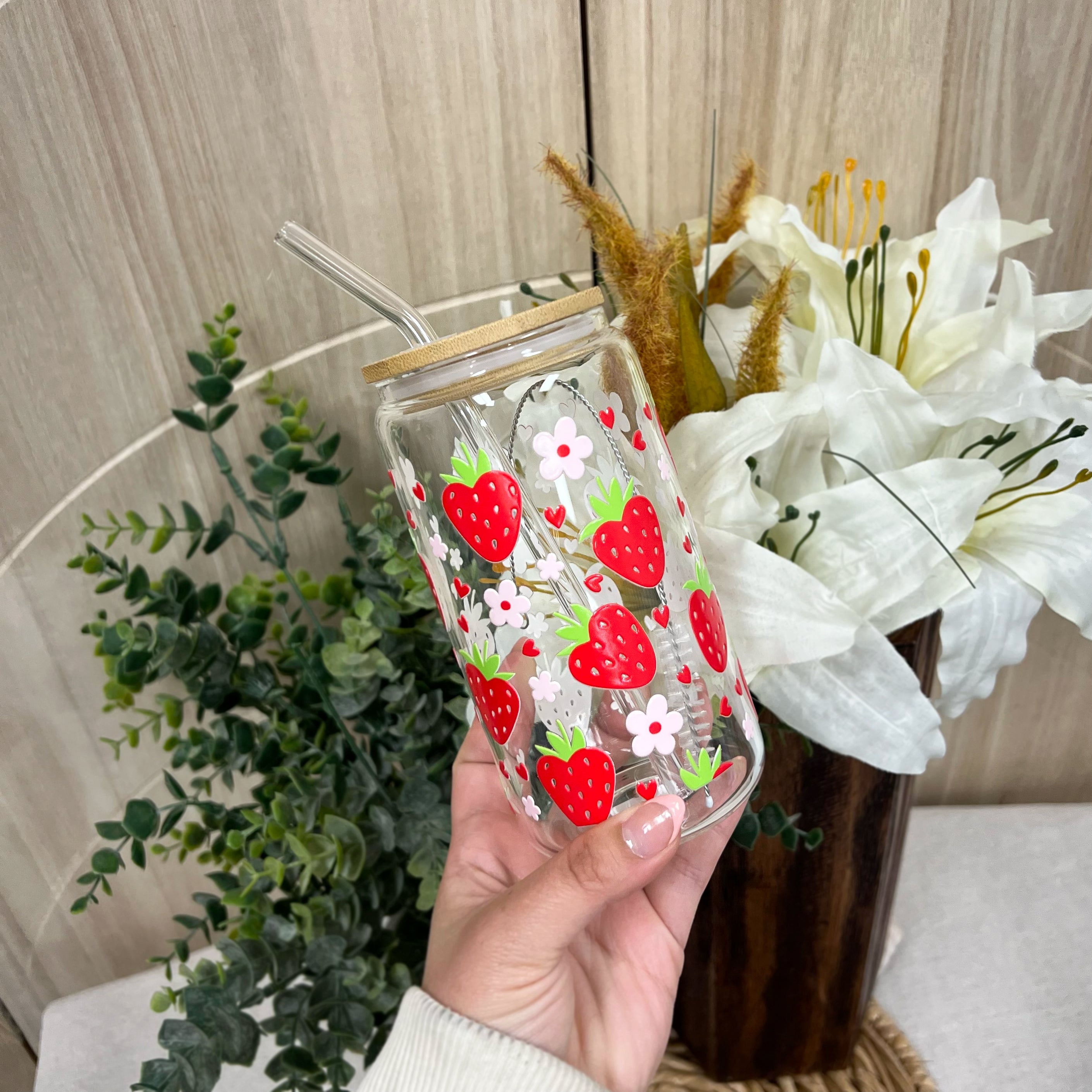 Strawberries and Flowers Glass Cup