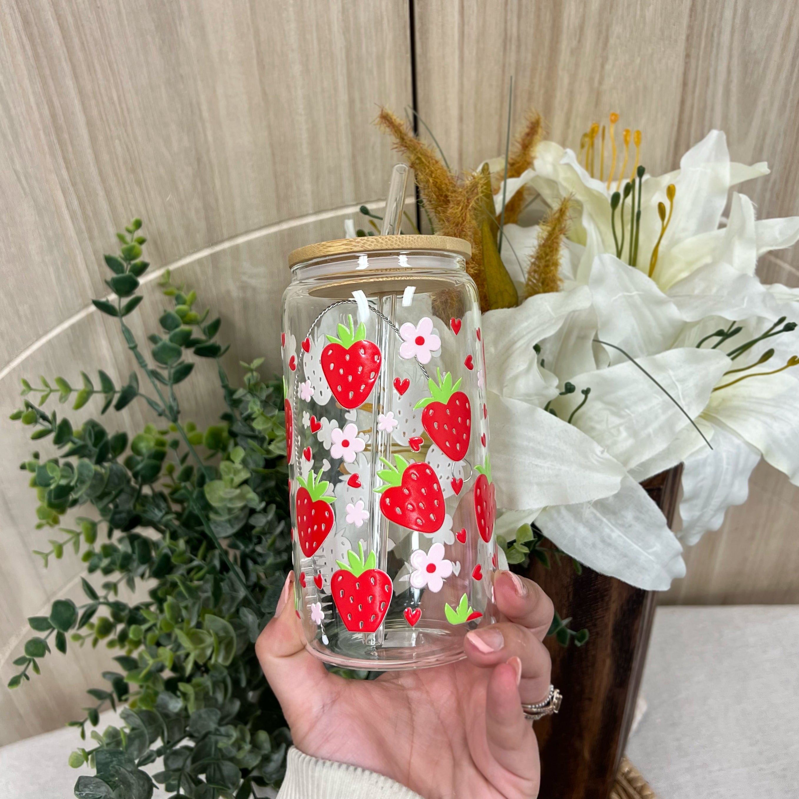 Strawberries and Flowers Glass Cup